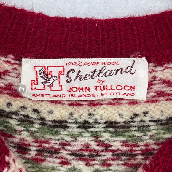 JOHN TULLOCH Sweater Womens XS Shetland 100% Wool Fair Isle Cardigan Red VTG - Picture 5 of 12